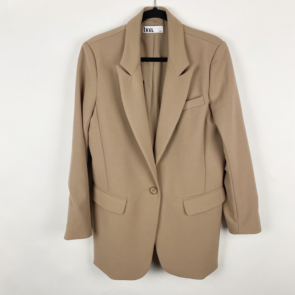 boa. Becuase of Alice Women's Tan Single Button Oversized Blazer Jacket Size‎ S